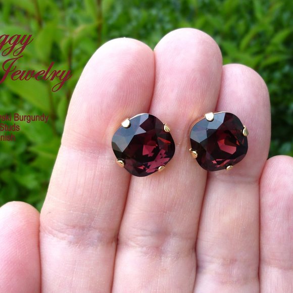 Swarovski Burgundy Cushion Cut Stud Earrings, 12mm - Picture 6 of 8